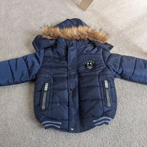 Navy Blue Puffer Jacket with Faux Fur Hood